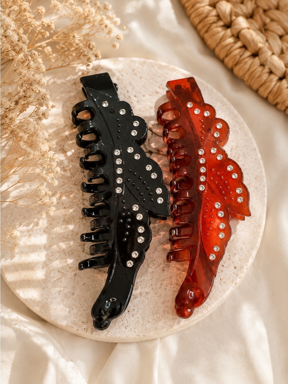 Rhinestone Leaf Hair Claw Clip Set Black & Amber Tortoise Acrylic Large